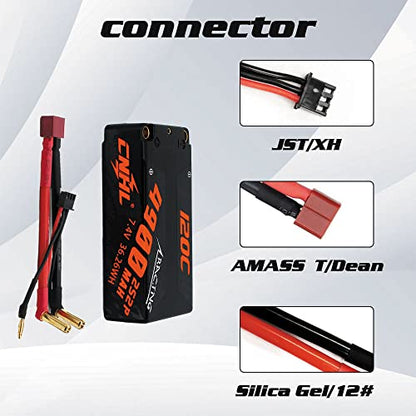 CNHL 4900mAh 2S Shorty Lipo Battery 7.4V 120C with 5mm to Deans(2 Packs) | Compact shorty format centers chassis weight for responsive control in 1/10 RWD drift, racing buggies, and trucks.