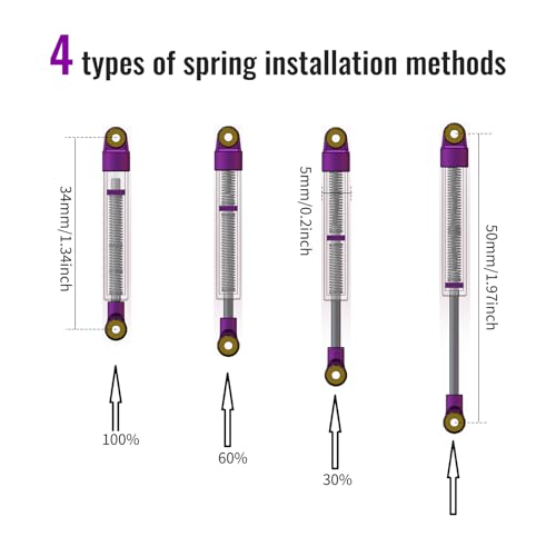 50mm Shock Adjustable Inner Spring for SCX24 AX24, Purple Silver | Ultra-thin CNC Aluminum Micro Dampers, 4 Negative Pressure Modes, Wide-angle Ball Head - color: Purple Silver
