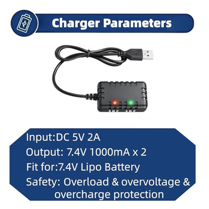 7.4V Lipo Battery Charger with XH-3P Connector USB Cable 2-in-1 Balance Chargers Fit for 2S Lipo Battery Axial SCX10 SCX24 SCX30 RC Car Truck Drone Boat Quadcopter Airsoft Battery