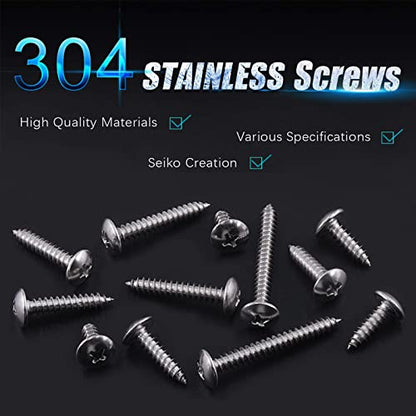 Swpeet 150Pcs #10 x 1/2" to 1-3/5" 304 Stainless Steel Phillips Truss Head Self Tapping Screws Phillips Cross Drive Wood Screws Sheet Metal Screws Assortment Kit for Sheet Metal, Wood, PVC Plastic - size: M5