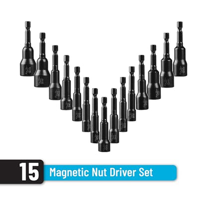 Bates- Magnetic Nut Driver Set for Impact Drill, 15 pcs, 1/4" Hex Shank, Metric and SAE Nut Driver, Impact Nut Driver Set, Metric Nut Driver Set Magnetic Bit Set, Nut Driver Bit Set, Nut Drivers Set