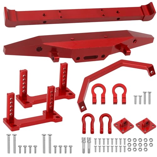 Aluminum Front Rear Bumper & Trailer Hook Compatibke with MN Model MN128 MN-128 1/12 RC Car (Red) - color: Red