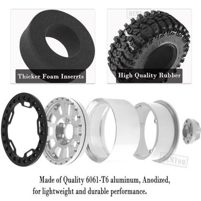 Rc 2.2 Inch Wheel Rims & Tires Wheels for 1/10 SCX10 SCX10 II 90046 SCX10 III AXI03007 TRX4 TRX6 D90 VS4-10 Gen8 MST CFX,RC Crawler Car 4pcs Aluminum RC 2.2 Beadlock Wheel,Silver - color: Silver - Scx10