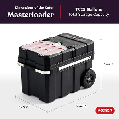 Keter Masterloader Resin Rolling Tool Box with Locking System and Removable Bins – Perfect Organization and Storage Chest for Power Drill, Tape Measure, and Screwdriver Set, Black | Black, Heavy Duty, Weatherproof, All Terrain Wheels, Durable, Easy Slide