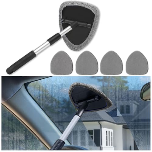 4 Pack Windshield Cleaning Tool with Extendable Handle, Gray | aluminum ABS and microfiber body, pivoting head, reusable cloth pads, fits most vehicle glass, auto cleaning tools - color: Gray
