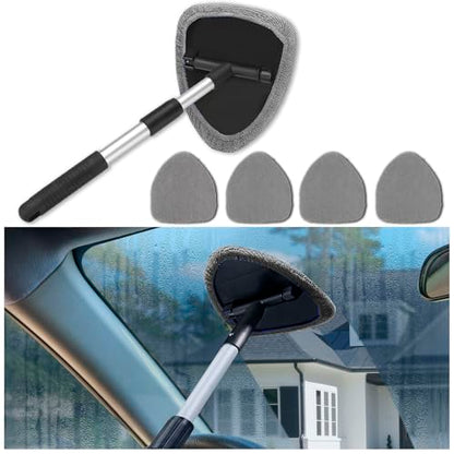 4 Pack Windshield Cleaning Tool with Extendable Handle, Gray | aluminum ABS and microfiber body, pivoting head, reusable cloth pads, fits most vehicle glass, auto cleaning tools - color: Gray