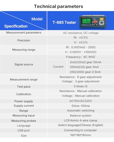 High Precision Lithium Battery Internal Resistance Tester, Intelligent Battery Pack Analyzer, IR 1uΩ-200Ω, Voltage 1mV-±100VDC, AC/DC Resistance Measurement, T-685