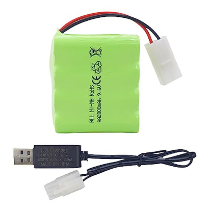 AA 9.6V 2800mAh Ni-MH High Capacity Battery with Tamiya Plug and USB Charging Cable for Toy Tank Engineering, Flat Semi-Trailer Truck, RC Car Spare Battery Pack