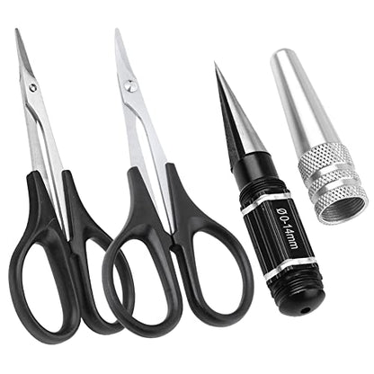 RC Body Reamer & Scissors Set – 0-14mm Hole Puncher with Curved/Straight Tips for Polycarbonate Shells (Lexan Trimming Tools with Sleeve)