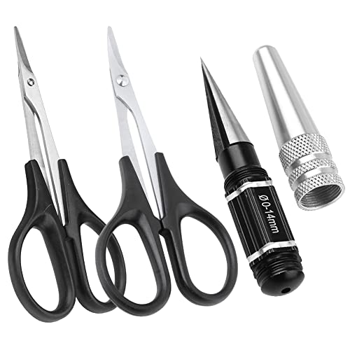 RC Body Reamer & Scissors Set – 0-14mm Hole Puncher with Curved/Straight Tips for Polycarbonate Shells (Lexan Trimming Tools with Sleeve)