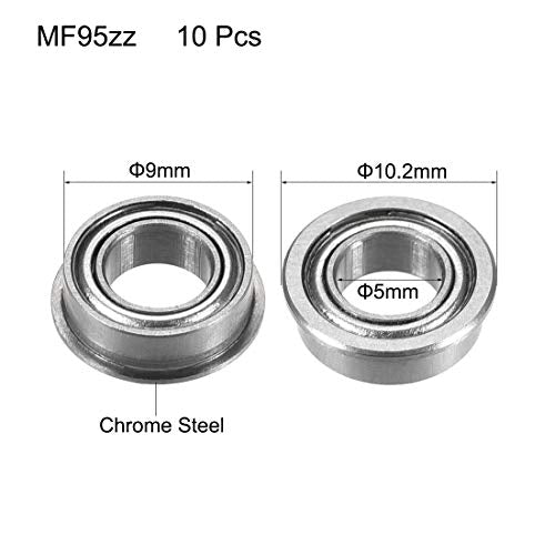uxcell MF95zz Flanged Ball Bearing 5x9x3mm Double Metal Shielded (GCr15) Chrome Steel Flange Rip Bearings 10pcs - size: 5x9x3mm