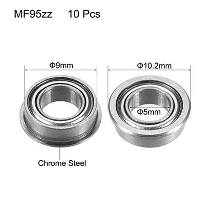 uxcell MF95zz Flanged Ball Bearing 5x9x3mm Double Metal Shielded (GCr15) Chrome Steel Flange Rip Bearings 10pcs - size: 5x9x3mm