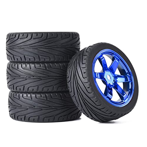 4PCS RC Car Rubber Tires and Plastic Wheels Rims Compatible with 1/10 Scale On Road Touring Racing Flat Drift Car for HSP HPI Tamiya(Blue) - color: Blue