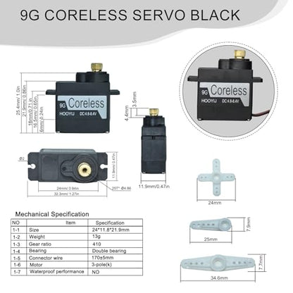 2Pcs 9g Coreless Servo Black, Full Metal Gear Micro RC Servo 4KG-CM Torque 4.8-8.4V for SCX24, Small Robotic Arms, RC Planes, or DIY Projects (180 Degree) - style: 2Pcs 180°