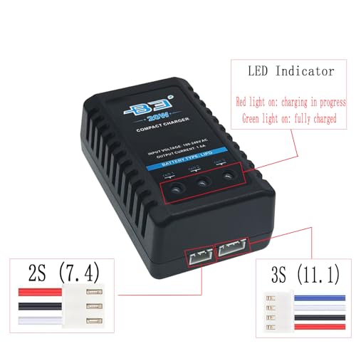 B3 Lipo Battery Charger 2S-3S RC Balance Charger with XH3P XH4P Plug for RC Car Batteries Drone Boat Airplane Truck Quadcopter Airsoft SCX24 SCX10（AC 7.4-11.1V 20W 1.6A）