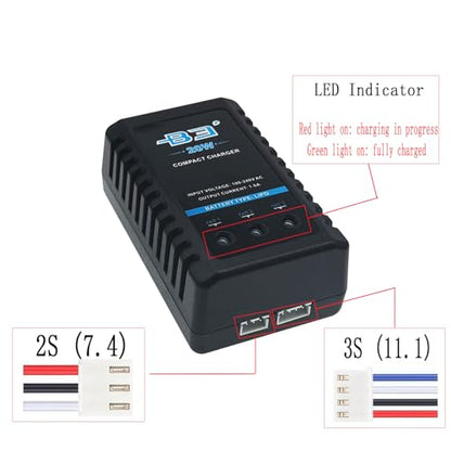 B3 Lipo Battery Charger 2S-3S RC Balance Charger with XH3P XH4P Plug for RC Car Batteries Drone Boat Airplane Truck Quadcopter Airsoft SCX24 SCX10（AC 7.4-11.1V 20W 1.6A）