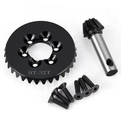 Diff Ring&Pinion Gear 32/9T 1.35M for Axial SCX6 JLU JeepTrail | Honcho AXI05000 AXI05001 1/6 RC Crawler Upgrade Parts Steel Front or Rear Spiral Cut Differential Gears - size: 32T/9T/1.35 Mod