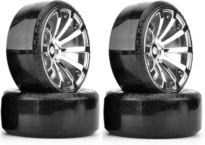 Hard Plastic 63mm Drift Car Tyres 12mm Wheels for 1/10th Scale HSP Tamiya HPI Kyosho TT02 Road Drift Car Hard Tyre Replacement, Set of 4 (Silver) - color: Silver