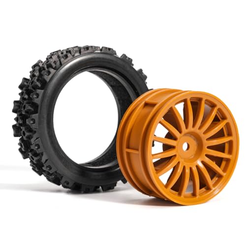 Pre-Glued Off-Road Knobby Wheel & Tire Set for 1/10 1/12 RC Car for HSP 94123, Tamiya TT01 / XV01, MJX 10303, Kyosho FW06, 70 x 28 mm Rubber, 12 mm Hex Nylon Wheels, 4 pcs, Orange - color: Brown