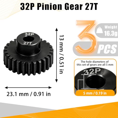 32P 27T RC Car Gear Set | 45# Steel Black Oxide | 5mm Bore +0.03mm | Precision Engineered Motor Pinion Gear Compatible with Traxxas/ARRMA/HPI/Kyosho (3-Pack with M4 Set Screws) - style: 3Pcs 27T