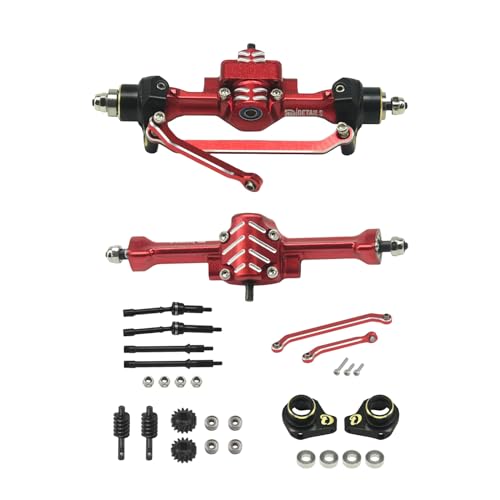 Aluminum Front/Rear Axle Set with Brass Knuckles, Steering Link, Gear, Bearing, CVD Whole Set, Red, for 1/30 Axial SCX30 RC Cars (Red) - color: Red