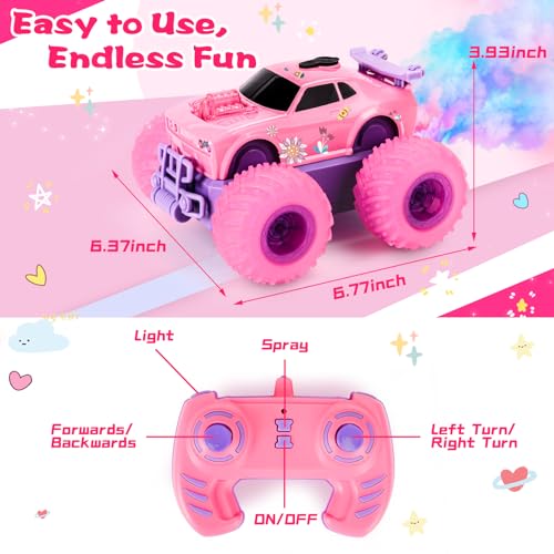 Drefirsa Princess Remote Control Car, Pink Monster Truck Girl Age 4-7 8-12 | DIY Sticker, Colorful Wheel Lights, Headlight, Stunt Car, Mist Spray, Toy for 3 4 5 6 7 8 Year Old Girl Birthday Gift - color: Pink