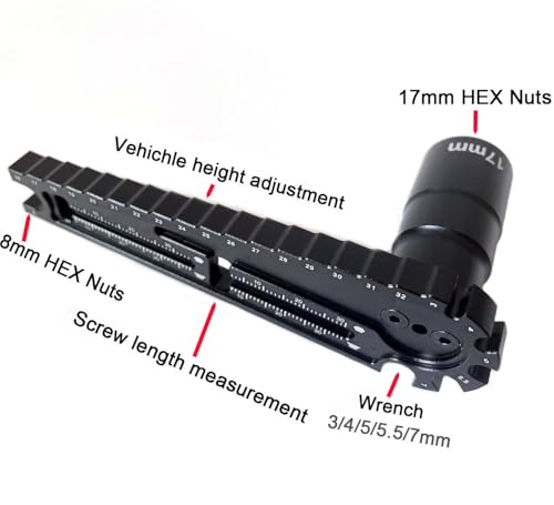 RC Ride Height Gauge & Turnbuckle Wrench 4-in-1 Tool for 1/10 1/8 Car | 4 tools: ride height gauge, L-shape 17mm hub wrench, turnbuckle wrench (3-8mm), screw gauge (0-35mm). aluminum, pocket-size.