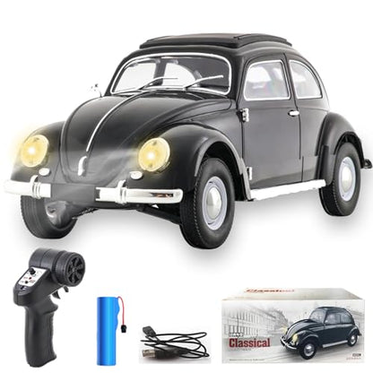 1:16 Beetle 1950 RC Car, 4CH RWD 2.4GHz RC Car with LED Lights | Classic Retro Design with 2 Rechargeable Battery. Rear-wheel Drive for Control. Volkswagen Beetle Toy Car for Hobbyists - size: 1 Battery