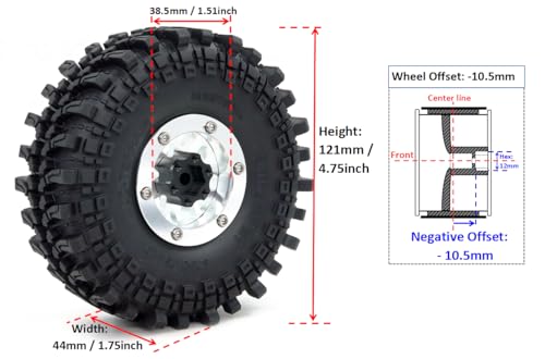 4pcs 1.9 Beadlock Wheels and Tires 121mm Tall, -10.5mm Negative Offset 1.9'' Rims and tyre for 1/10 RC Crawler SCX10 TRX4 Gen8 Upgrades - color: Silver