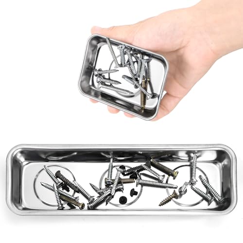 Okllen Set of 6 Small Magnetic Parts Trays, Stainless Steel Magnetic Tray Set for Mechanic's, Extra Strong Magnetic Tool Trays Holder for Socket Screw Nuts Bolts Metal Parts, 8"x2.5"/3.6"x2.5"