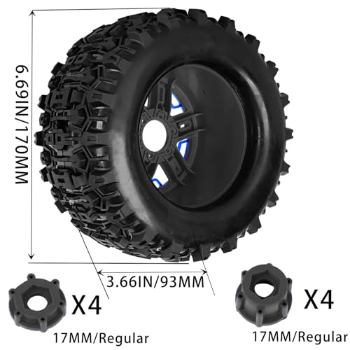 RC Truck Tires 1/8 17mm Hex RC Wheel Tires for 1/8 Monster Truck Tires Traxx as/Arrm a 6S/Summi t/ERveo/Redc at/HPI JLB Cheetah RC Off-Road etc,Hard Plastic Rubber Tyres,Blue&Black - color: Blue With Black（4PCS)