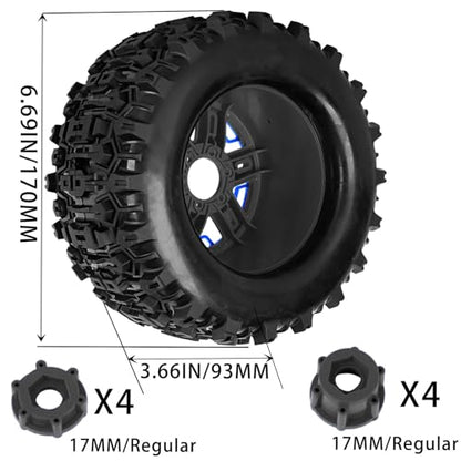 RC Truck Tires 1/8 17mm Hex RC Wheel Tires for 1/8 Monster Truck Tires Traxx as/Arrm a 6S/Summi t/ERveo/Redc at/HPI JLB Cheetah RC Off-Road etc,Hard Plastic Rubber Tyres,Blue&Black - color: Blue With Black（4PCS)