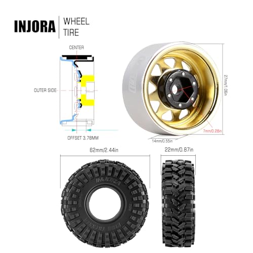 INJORA 1.0 Beadlock Wheel Tires Set -3.78mm Offset Wheel Rims for 1/18 1/24 RC Crawler Car Axial AX24 SCX24 FMS FCX24 TRX4M,Yellow(W1004-T1014) - color: Yellow