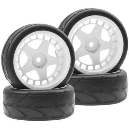 ShareGoo RC OD 2.55" Nylon 12mm Hex Wheels & Rubber Tires Set Compatible with Traxxas Tamiya Sakura HSP Redcat 1/10 RC On-Road Touring Drift Car (White) - color: White
