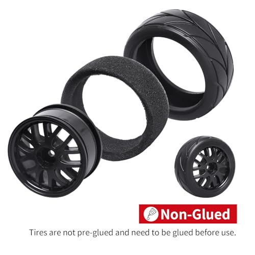 12mm Hex 1/10 On-Road Tires & Wheels – 65mm Soft Compound Set with Foam Inserts for Traxxas 4-Tec 2.0 Tamiya TT02 TT01 Drift Cars (4PCS, Unmounted)