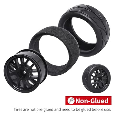 12mm Hex 1/10 On-Road Tires & Wheels – 65mm Soft Compound Set with Foam Inserts for Traxxas 4-Tec 2.0 Tamiya TT02 TT01 Drift Cars (4PCS, Unmounted)