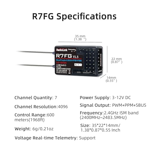 Radiolink R7FG 7-Channel Water-Splash Proof RC Gyro Receiver for RC Crawler | 2.4G Voltage Telemetry RX for RC Crawler Drifting Car, Boat, Bind with Radio Controller RC8P/RC8X/RC4GS V3/RC6GS V3/T8S/T8FB