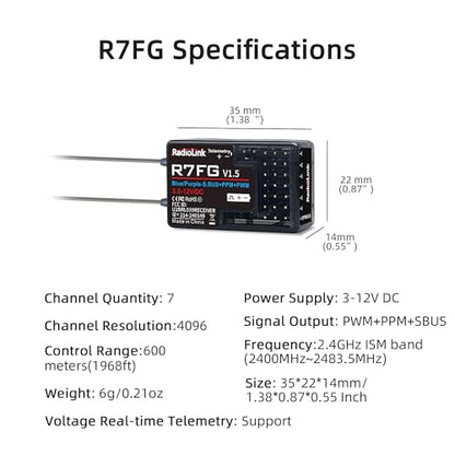 Radiolink R7FG 7-Channel Water-Splash Proof RC Gyro Receiver for RC Crawler | 2.4G Voltage Telemetry RX for RC Crawler Drifting Car, Boat, Bind with Radio Controller RC8P/RC8X/RC4GS V3/RC6GS V3/T8S/T8FB