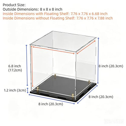 Acrylic Display Case with Raised Shelf, Clear Display Box with Black Base & Gold Standoffs, Dustproof Showcase for Collectibles, Figures, Model Cars – Easy Assembly (8×8×8 Inch) - size: 8"L x 8"W x 8"H