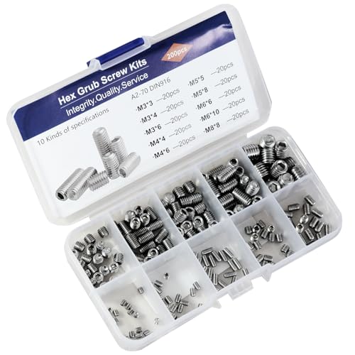 304 Stainless Steel Socket Set Screws Assortment Kit(200Pcs), M3 M4 M5 M6 M8 Hex Allen Head Grub Screws, Metric