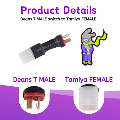 RC Battery Accessory Kit,No Wires Tamiya Male (White) Connector Switch to Deans T Female (red) Adapter, for Remote Control Toy Boat FPV Drone Car etc - 1 Pcs with 11.1V USB Charger Cable