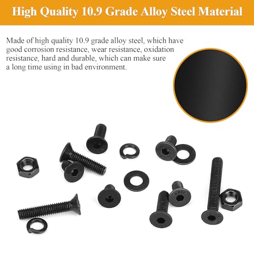 565 Pieces M3 Screws Nuts Washers Set Black, Sutemribor M3 x 5/6/8/10/12/16/20mm Countersunk Head Socket Cap Screws Nuts Washers Assortment Kit, 10.9 Grade Alloy Steel, Fully Threaded - size: M3, style: Countersunk Head Socket Cap