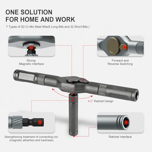 42 in 1 Magnetic Screwdriver, Screwdriver Set, Multi Bit Ratcheting Screwdriver Set with Storage Case Repair Tool Kit for Computer, Eyeglass, Bicycles, Watch, Ring Doorbell, Furniture and DIY - color: Grey Ratchet