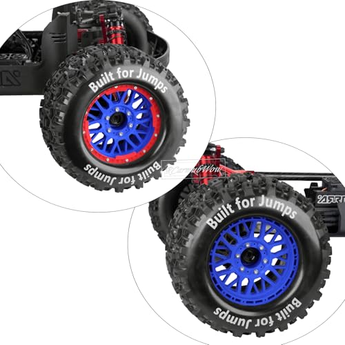 1/8 1/10 17mm Hex RC Truck Tires,Wheels and Tires for 1/10 E-Revo T-Maxx Summit,1/8 Kraton Outcast 6S,Sledge,Buggy Rubber Tyres and Rims w/Foam Insert for RC Off-Road Car,Navy Blue-Red - color: Navy Blue&red(4pcs)