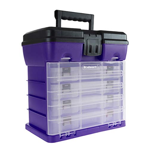 Storage and Tool Box-Durable Organizer Utility Box-4 Drawers with 19 Compartments Each for Hardware, Fish Tackle, Beads, and More by Stalwart (Purple) | With Drawers and Customizable Compartments for Hardware, Fishing Tackle Box, Beads, or Craft Supplies
