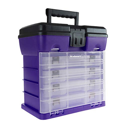 Storage and Tool Box-Durable Organizer Utility Box-4 Drawers with 19 Compartments Each for Hardware, Fish Tackle, Beads, and More by Stalwart (Purple) | With Drawers and Customizable Compartments for Hardware, Fishing Tackle Box, Beads, or Craft Supplies