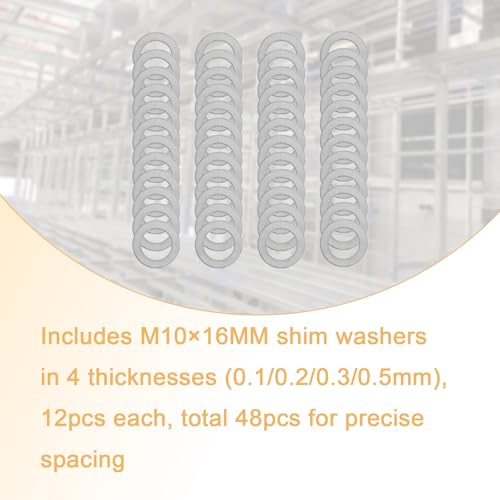 48 Pcs M10x16mm 304 Stainless Steel Shim Washers, Precision Thin Spacers | 0.1, 0.2, 0.3 and 0.5mm, 12 pcs each, flat spacer washers for M10 bolts, electronics assembly and mechanical repair - size: M10X16