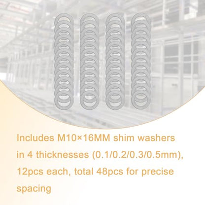 48 Pcs M10x16mm 304 Stainless Steel Shim Washers, Precision Thin Spacers | 0.1, 0.2, 0.3 and 0.5mm, 12 pcs each, flat spacer washers for M10 bolts, electronics assembly and mechanical repair - size: M10X16