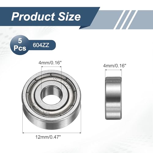 uxcell 5 Pack 604ZZ Deep Groove Ball Bearings, 4x12x4mm Chrome Steel Double Shield Bearing for Electric Motor, Home Appliances, Garden Machinery, (ABEC5) - size: 604ZZ