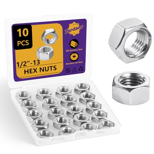 10Pcs SAE 1/2"-13 Hex Nut Set 304 Stainless Steel | Rust Resistant, For Machinery, Automotive & DIY Projects, Storage Case Included. - size: 10Pcs-1/2"-13